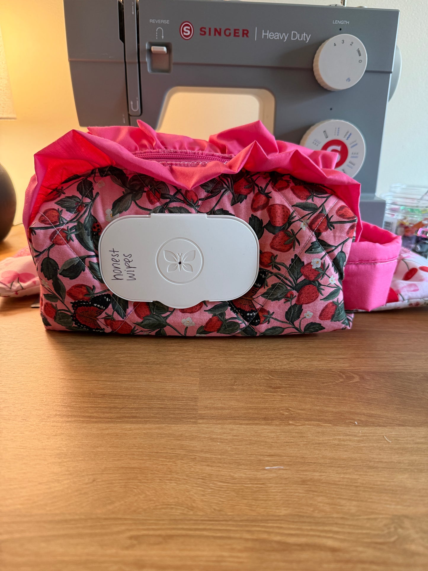 Strawberry Butterflies Handmade Diaper Wipe Pouch | Sweet Butterfly & Strawberry Print